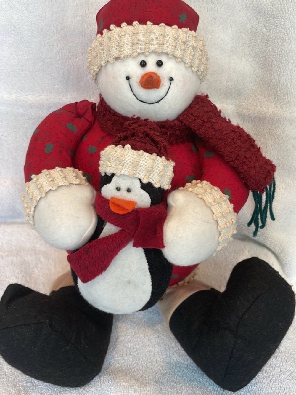 Home Holiday Red Snowman Plush with Penguin - Brand Not Visible